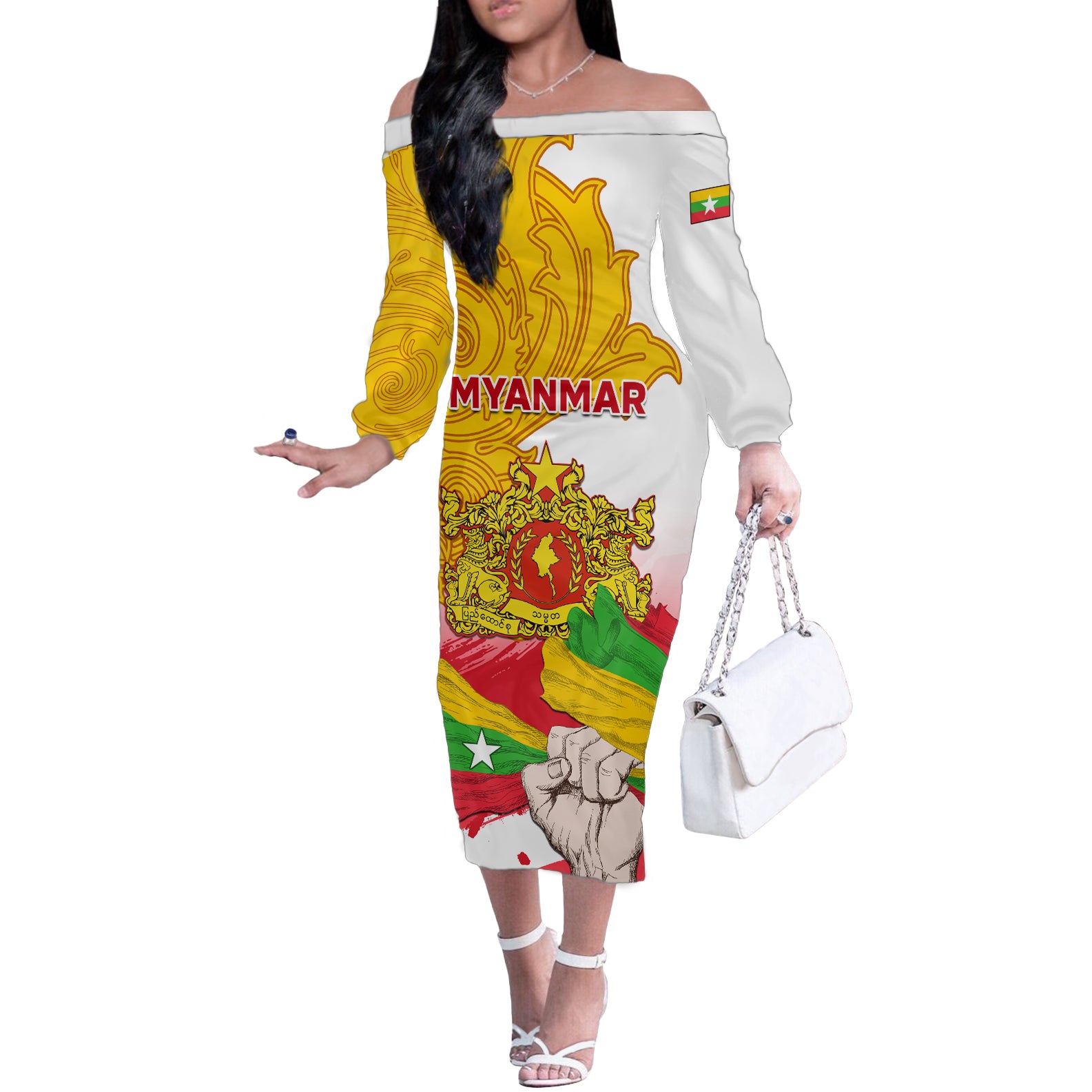 Myanmar Independence Day Off The Shoulder Long Sleeve Dress Brahmadesh Kanote Pattern - Wonder Print Shop