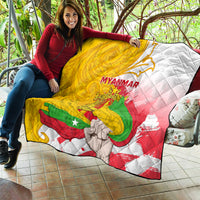 Large Myanmar flag quilt with quilted pattern, featuring yellow, red, green, and white colors
