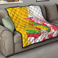 Quilted sofa throw with Myanmar flag artwork, red and green stripes over white background