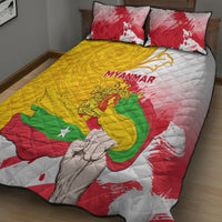 Quilt bed set with Myanmar flag graphic; red yellow green white; includes two quilted pillows