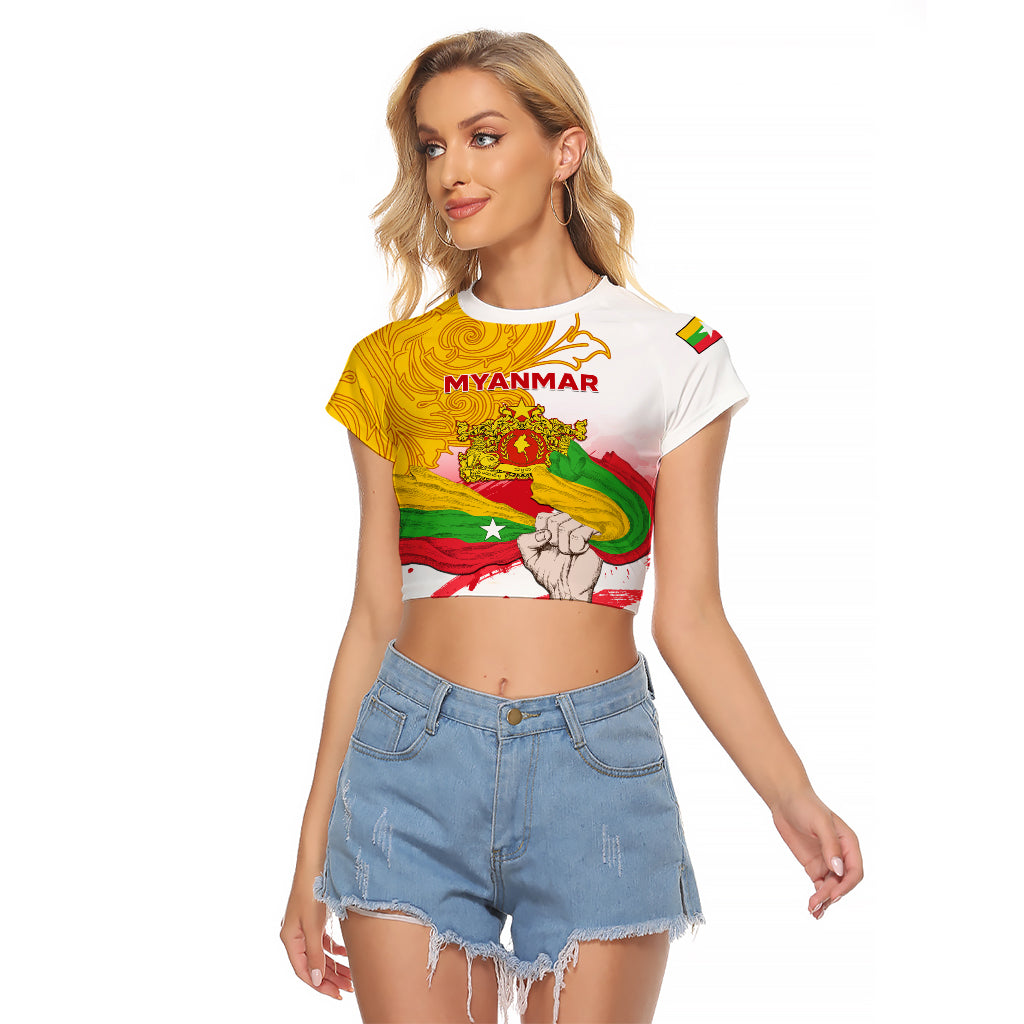 Myanmar Independence Day Raglan Cropped T Shirt Brahmadesh Kanote Pattern - Wonder Print Shop