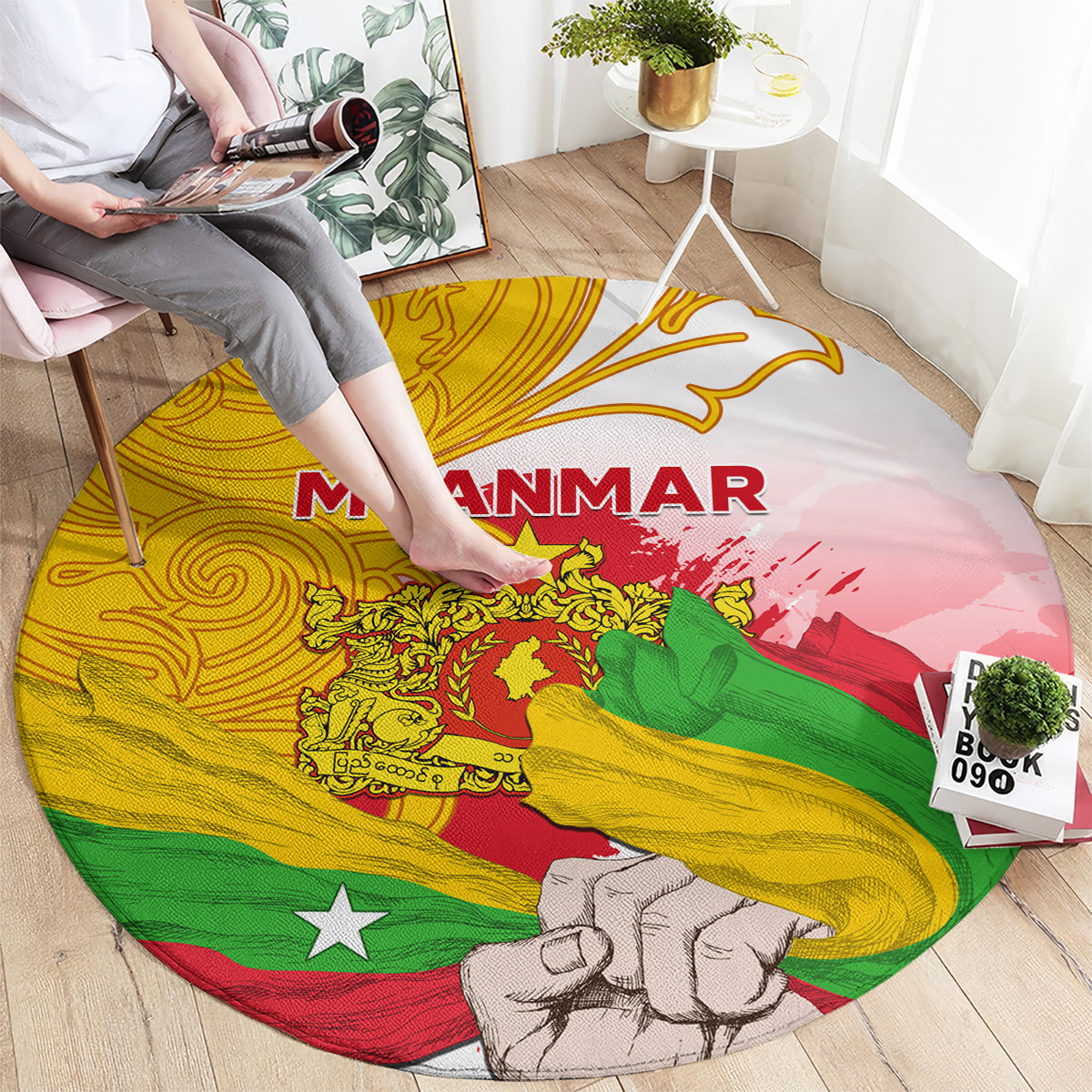 Round carpet with Myanmar flag graphic, bold 'MYANMAR' lettering, and green hand motif