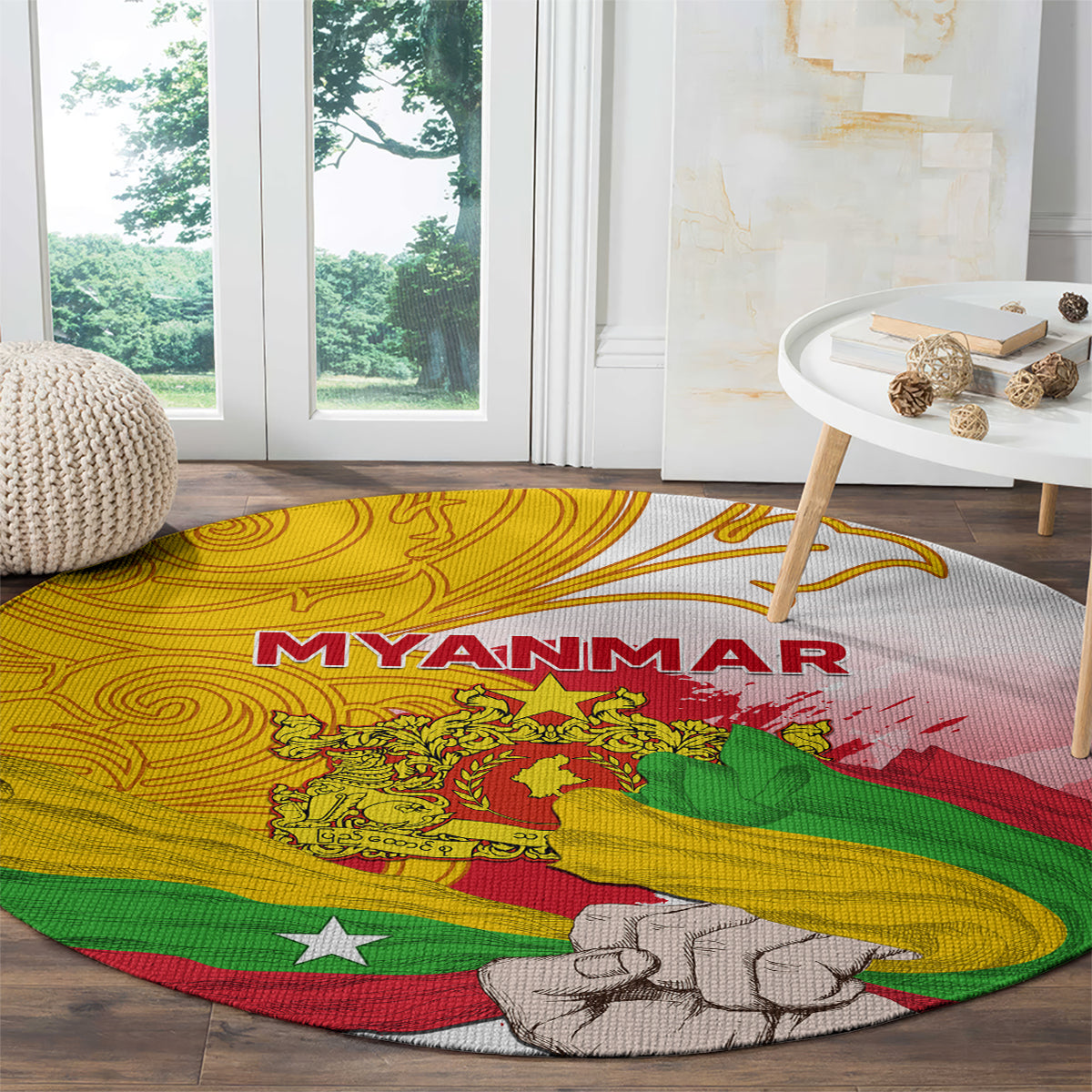 Round carpet with Myanmar flag design, 'MYANMAR' text, and fist emblem