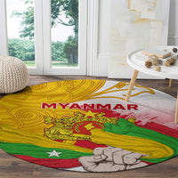 Round carpet with Myanmar flag design, 'MYANMAR' text, and fist emblem
