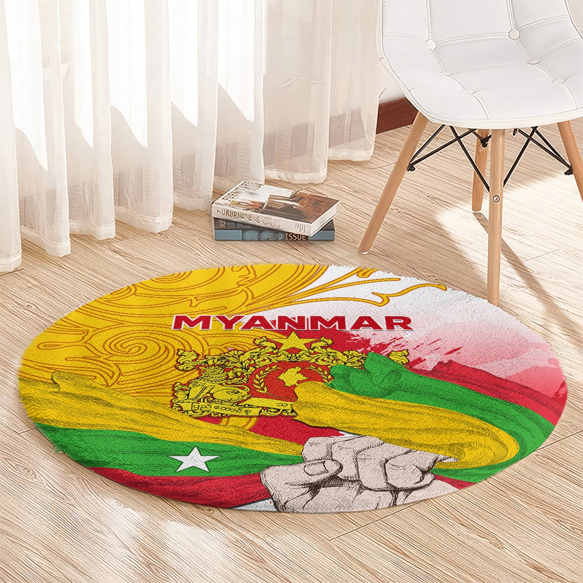 Round carpet with Myanmar flag graphic, 'MYANMAR' lettering, and multicolor emblem
