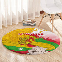 Round carpet with Myanmar flag graphic, 'MYANMAR' lettering, and multicolor emblem