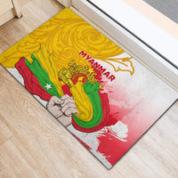 Rubber doormat with Myanmar flag artwork, MYANMAR text, lion emblem, and red paint splashes