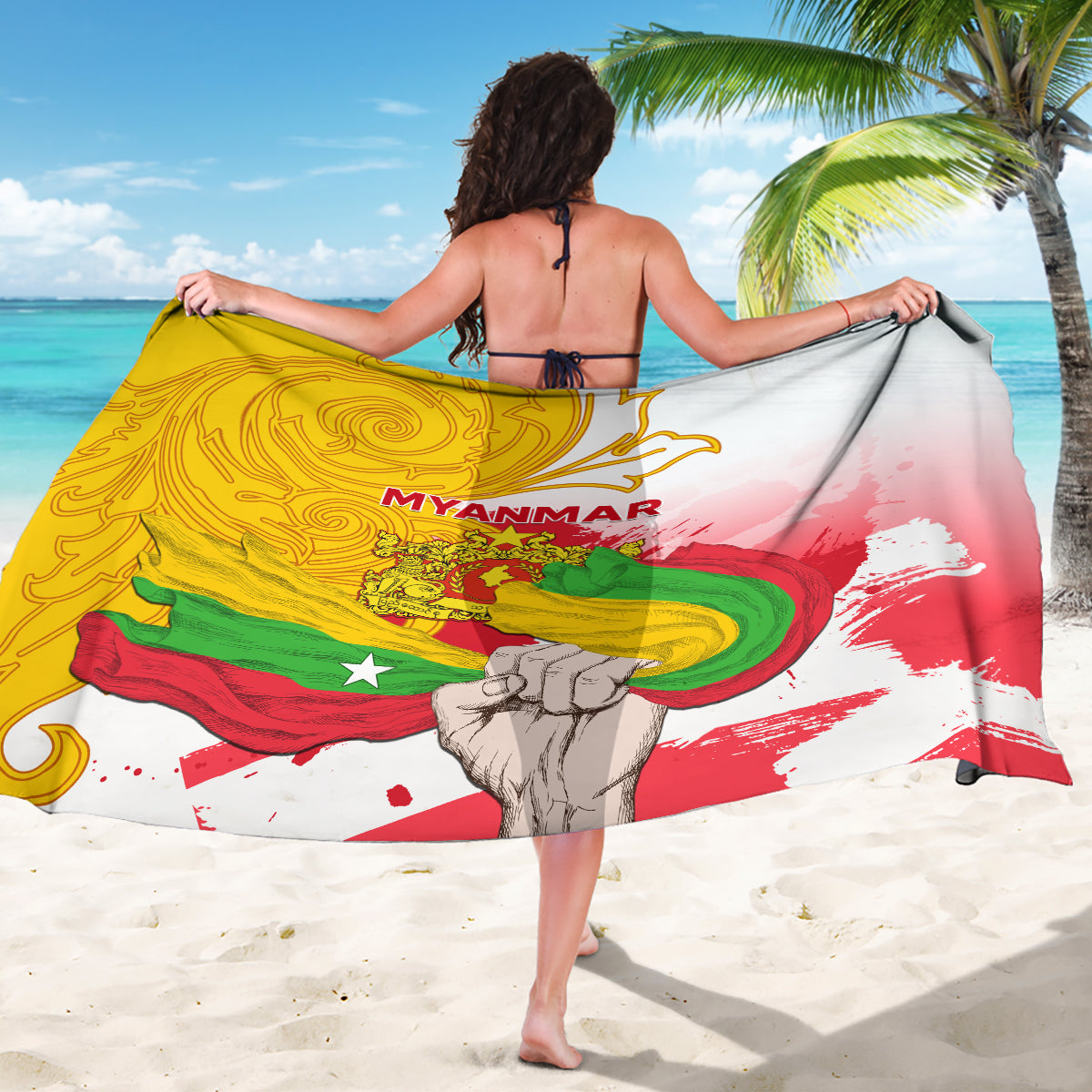 Myanmar flag print sarong showing back wrap with centered 'MYANMAR' text