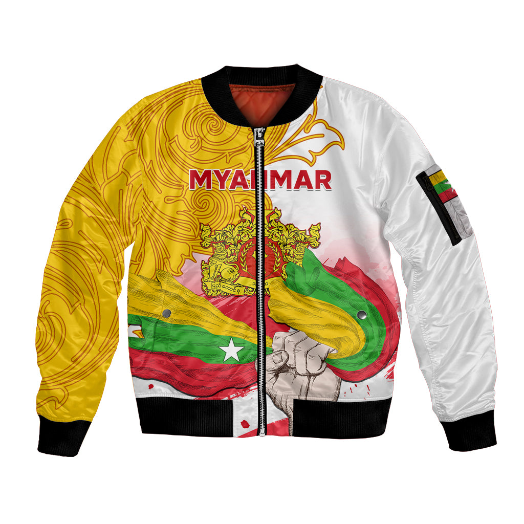 Myanmar Independence Day Sleeve Zip Bomber Jacket Brahmadesh Kanote Pattern - Wonder Print Shop