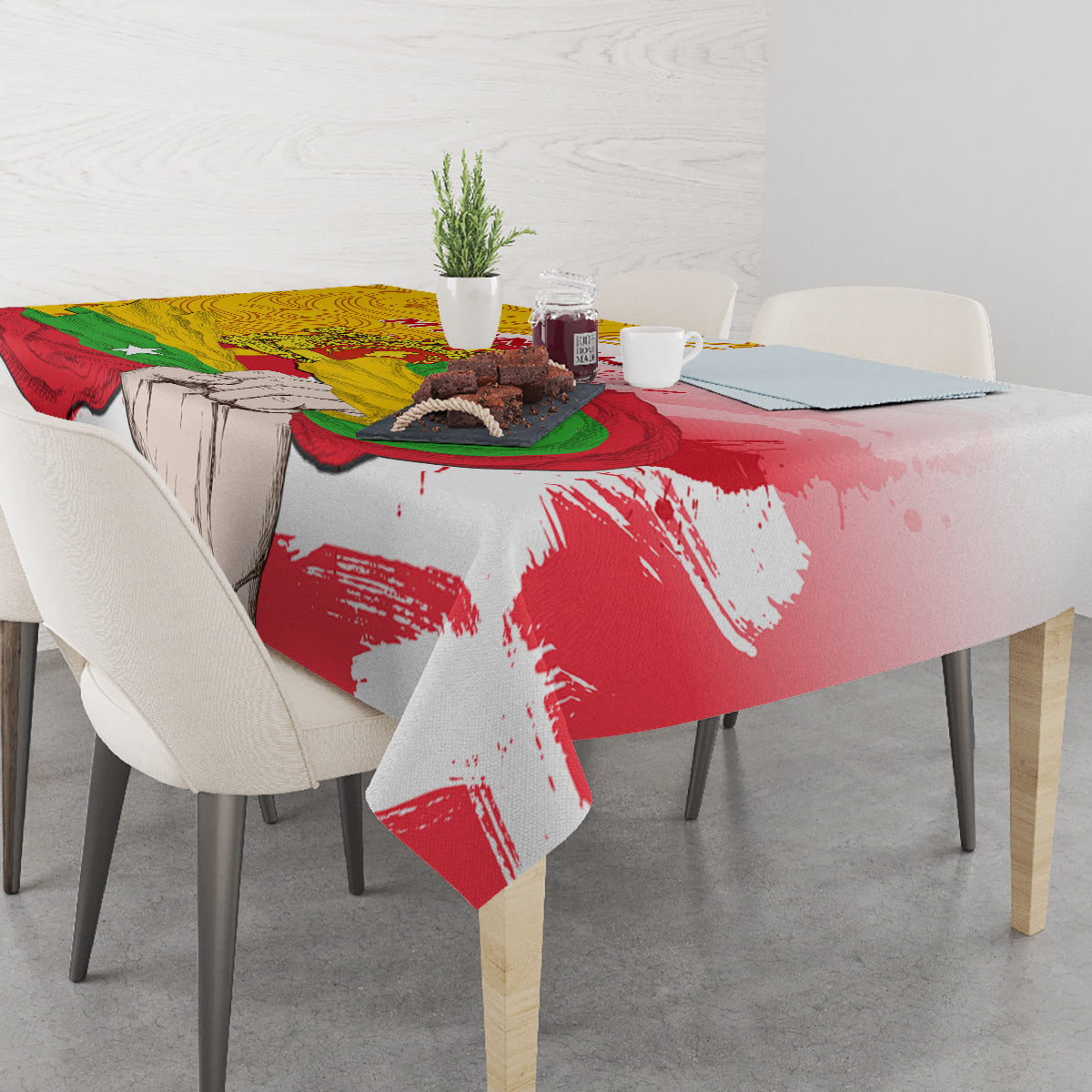 Myanmar Independence Day tablecloth across table with red brushstroke flag design