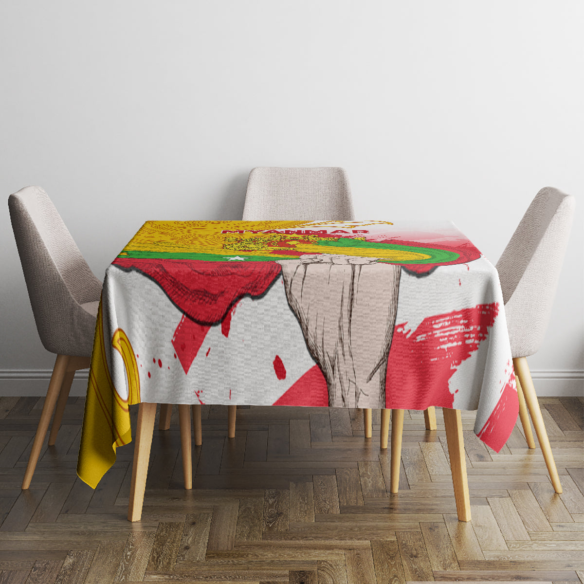 Myanmar Independence Day tablecloth on dining table with colorful Myanmar flag artwork