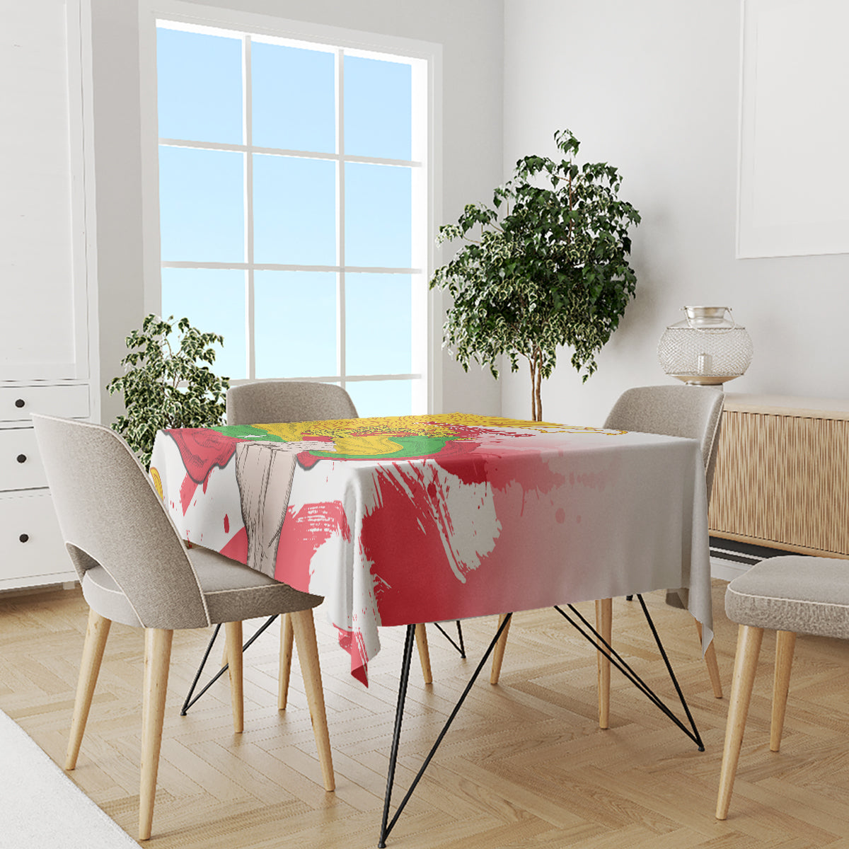 Myanmar Independence Day tablecloth on dining table with red, green, and yellow flag print