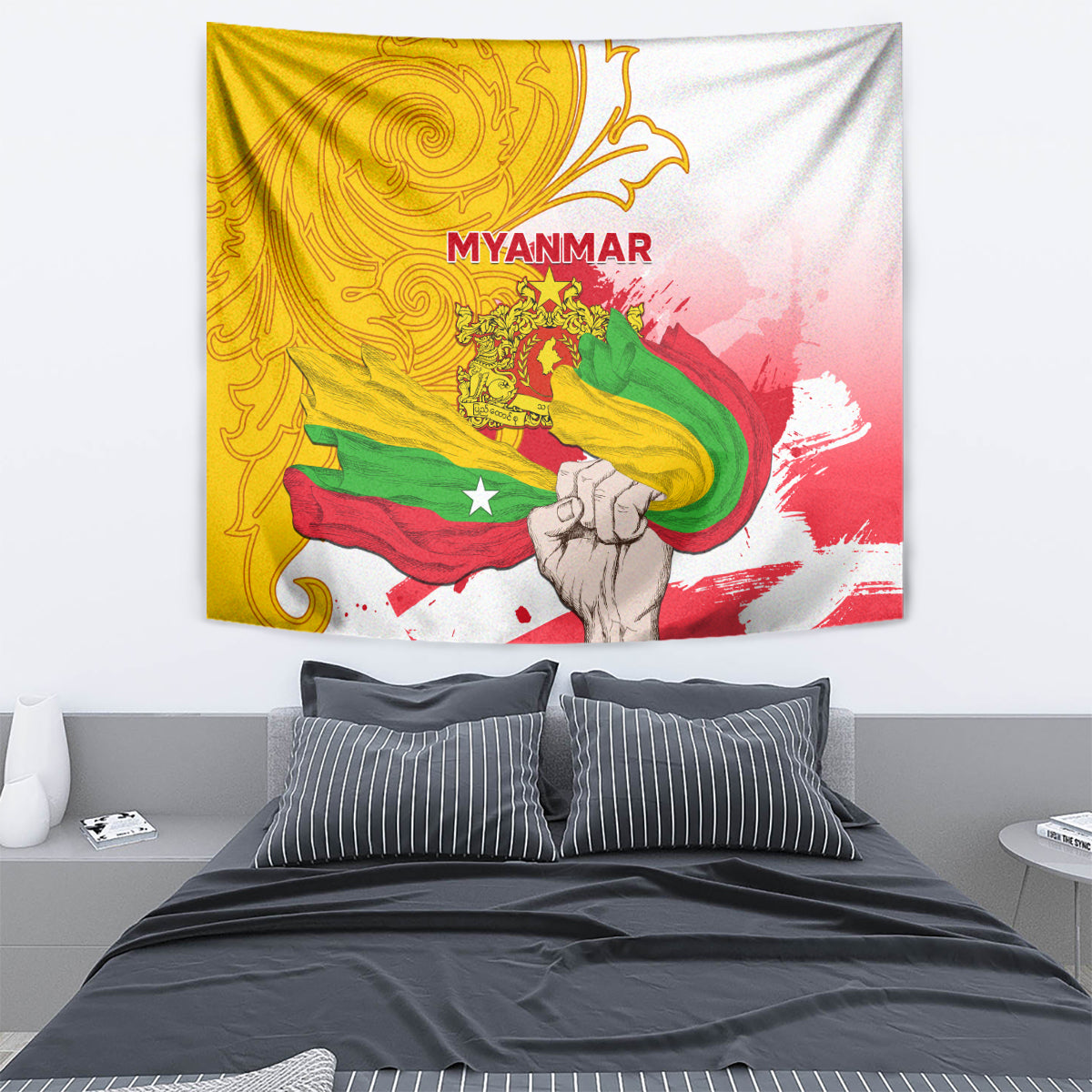 Myanmar Independence Day tapestry wall hanging with 'MYANMAR' over green, red, and yellow flag