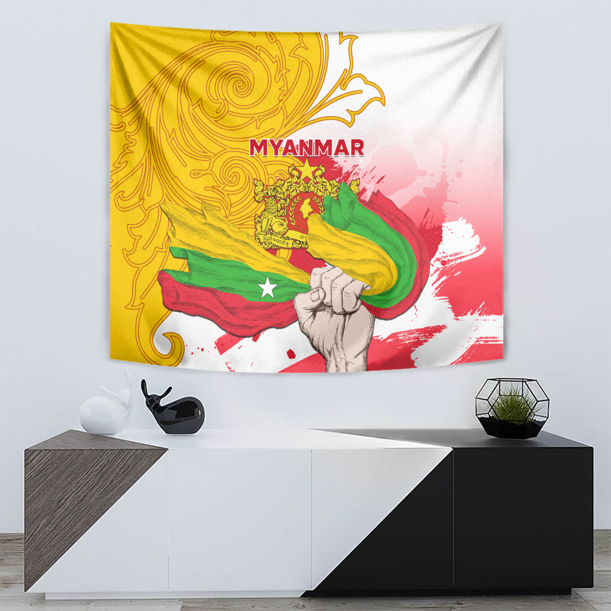 Myanmar Independence Day tapestry with 'MYANMAR' text and stylized flag in yellow, green, red