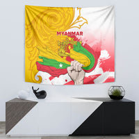 Myanmar Independence Day tapestry with 'MYANMAR' text and stylized flag in yellow, green, red