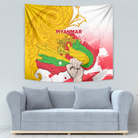 Myanmar Independence Day tapestry wall hanging showing a raised fist with 'MYANMAR' and flag