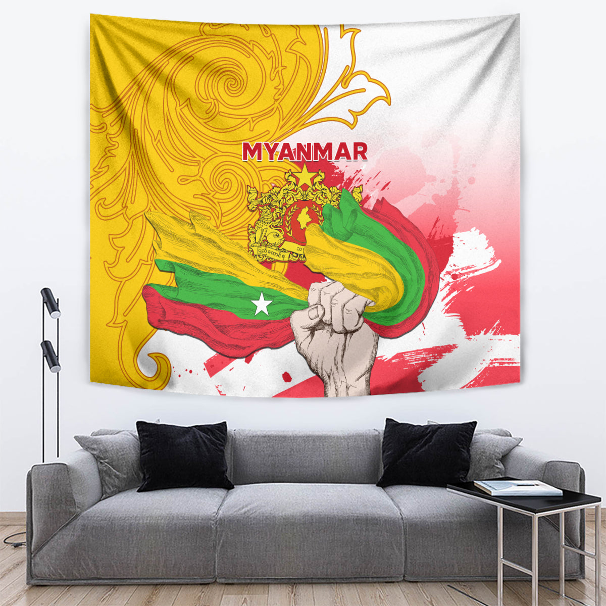 Myanmar Independence Day tapestry wall hanging with swirling yellow pattern and 'MYANMAR' text