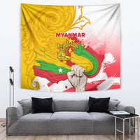 Myanmar Independence Day tapestry wall hanging with swirling yellow pattern and 'MYANMAR' text