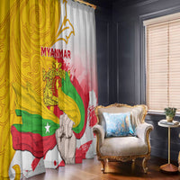 Myanmar flag printed window curtain with yellow, red, and green waves and crest designs.