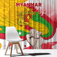 Myanmar flag window curtain fabric with bold “MYANMAR” text and waving yellow-green-red.