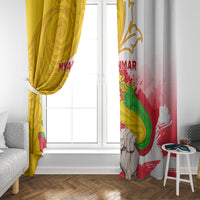 Two window curtains, yellow and white panels with Myanmar flag emblem and crest artwork.