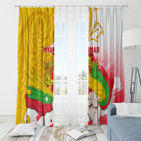 Window curtain pair with Myanmar flag print in yellow, red, and green on light background.
