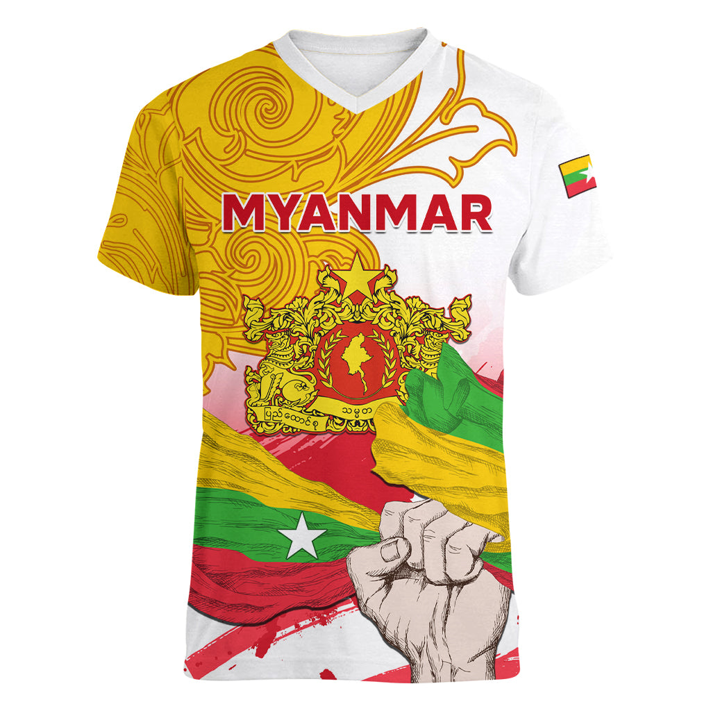 Myanmar Independence Day Women V Neck T Shirt Brahmadesh Kanote Pattern - Wonder Print Shop