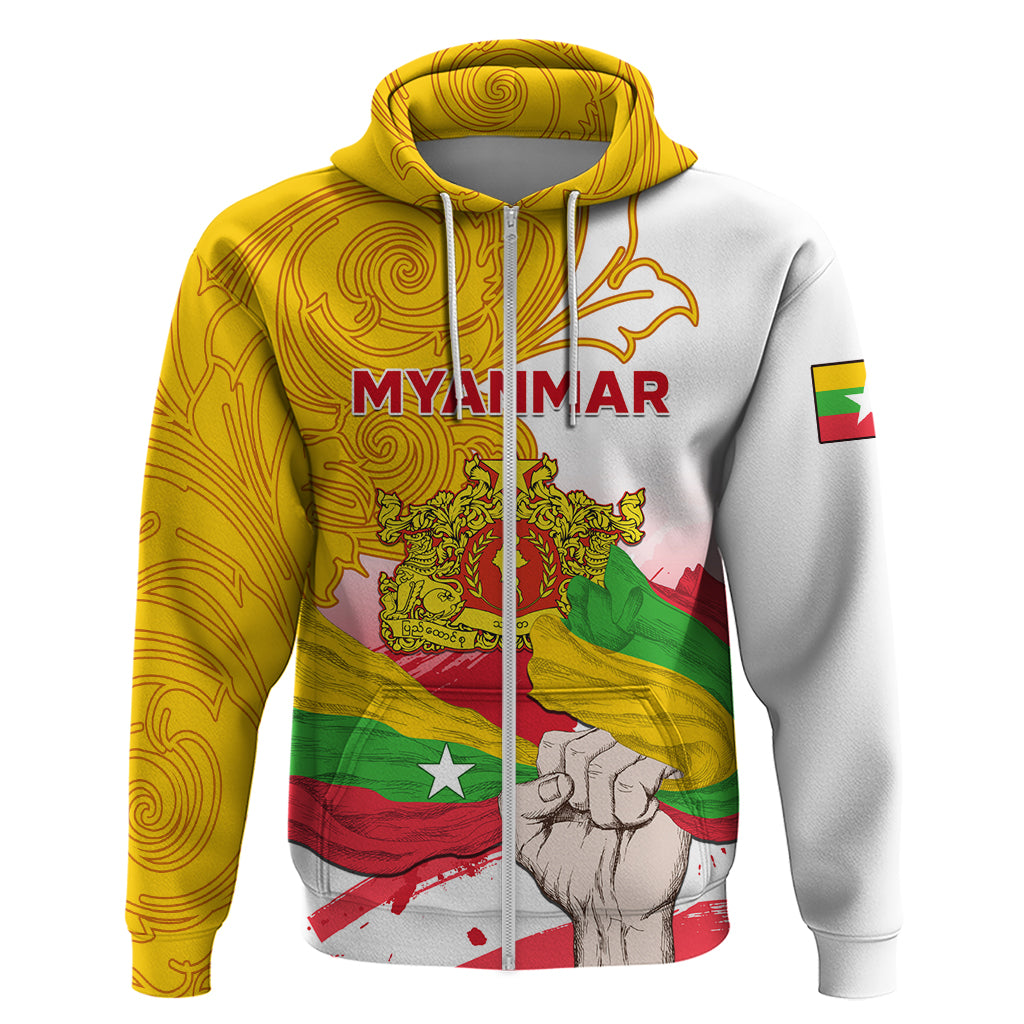 Zip hoodie with yellow-and-white flag graphic, full-zip front, and hood