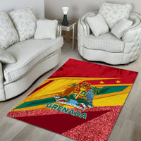 Red Grenada area rug with multicolor stripes, glitter edge, coat of arms and 'Grenada' lettering