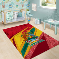 Red Grenada area rug with multicolor stripes, glitter trim, coat of arms and 'Grenada' text