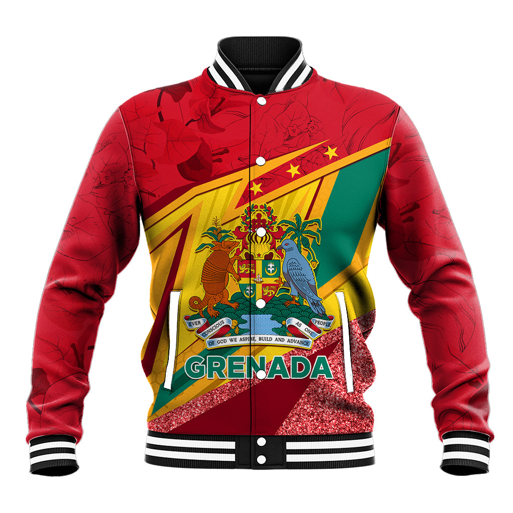 Red unisex baseball jacket with Grenada crest graphic, snap front and striped trim