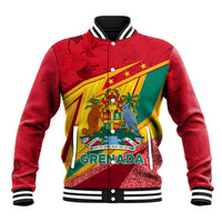 Red unisex baseball jacket with Grenada crest graphic, snap front and striped trim