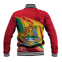 Red unisex baseball jacket back graphic with Grenada crest, striped hem and cuffs