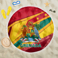 Round Grenada flag beach blanket with white fringe and glittery red border