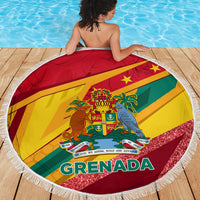 Round Grenada flag beach blanket with white fringe, laid on a wooden deck