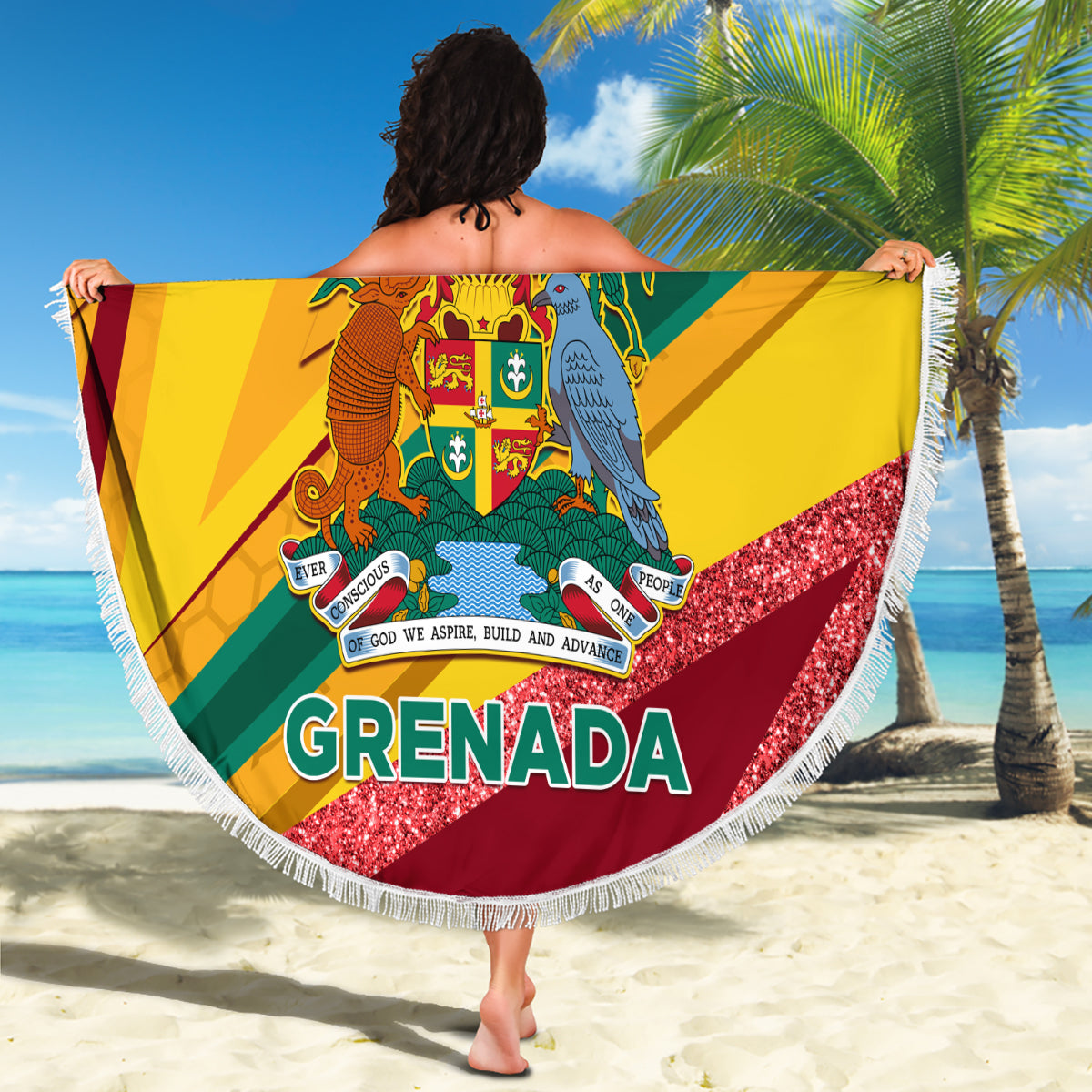 Round Grenada flag beach blanket with white fringe and glittery red diagonal stripes