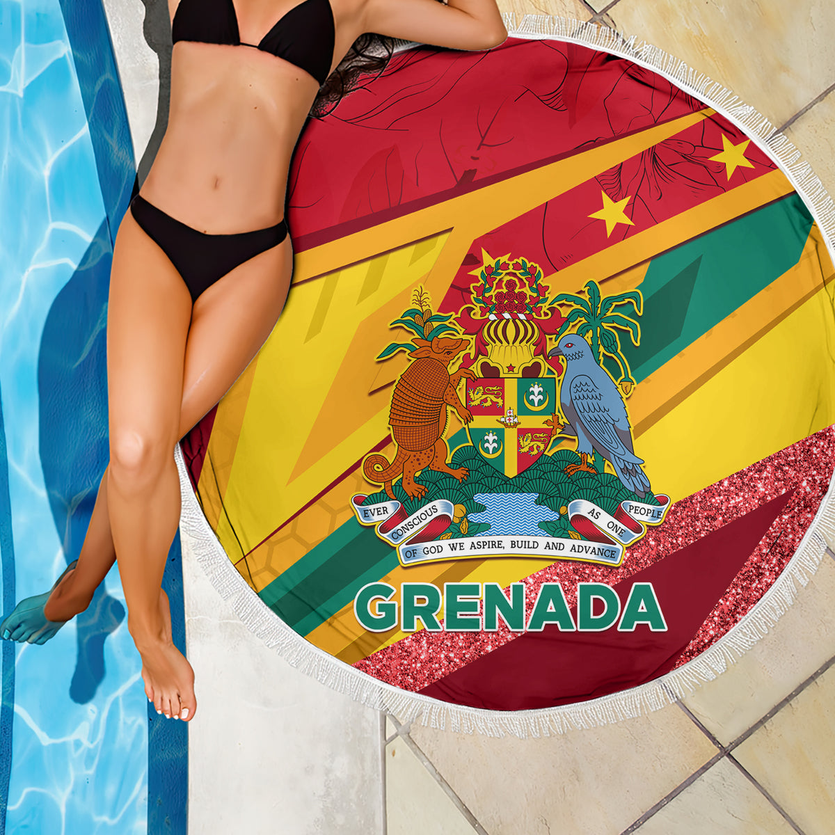 Round Grenada flag beach blanket with white fringe, shown over a tiled patio by pool