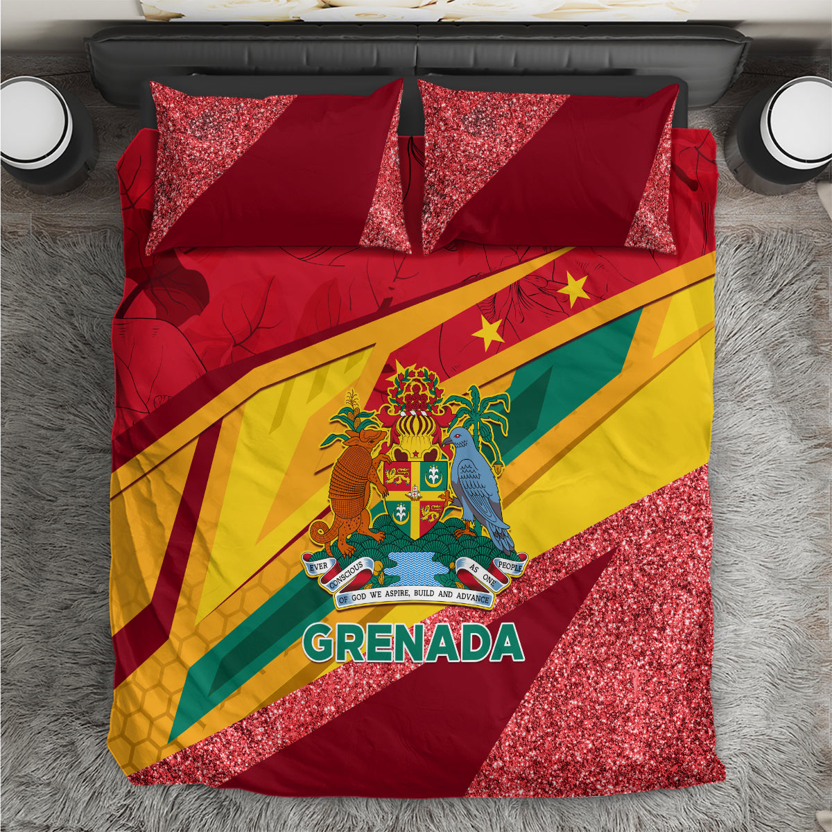 Red Grenada flag bedding set with sparkling foil effect and matching pillowcases