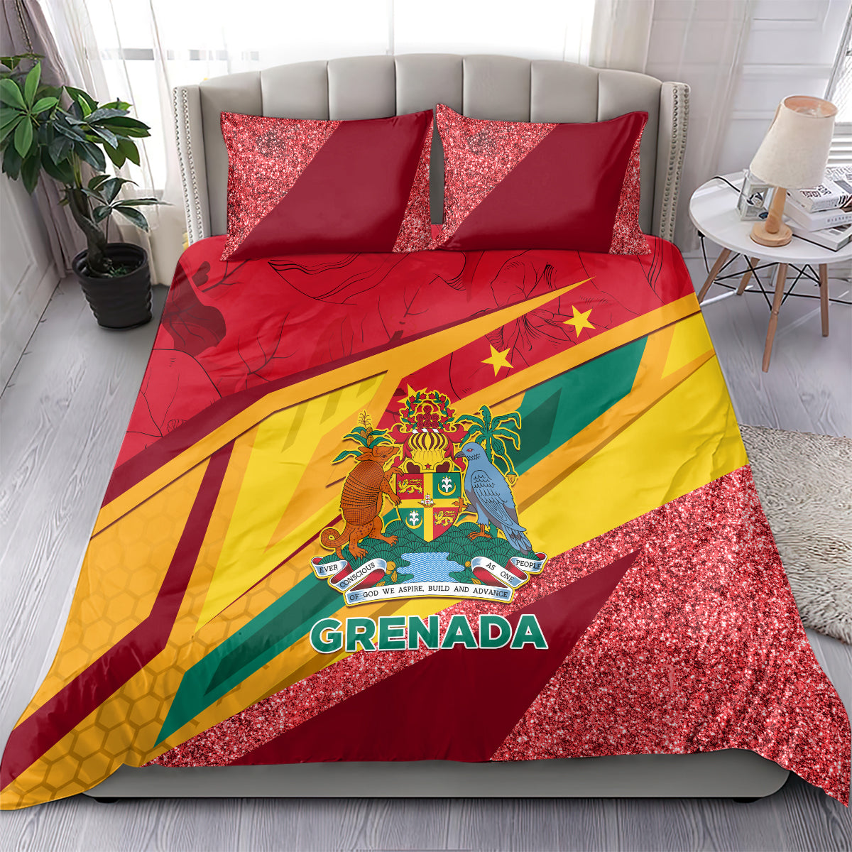 Grenada flag duvet cover set in red, yellow, and green with two red pillowcases