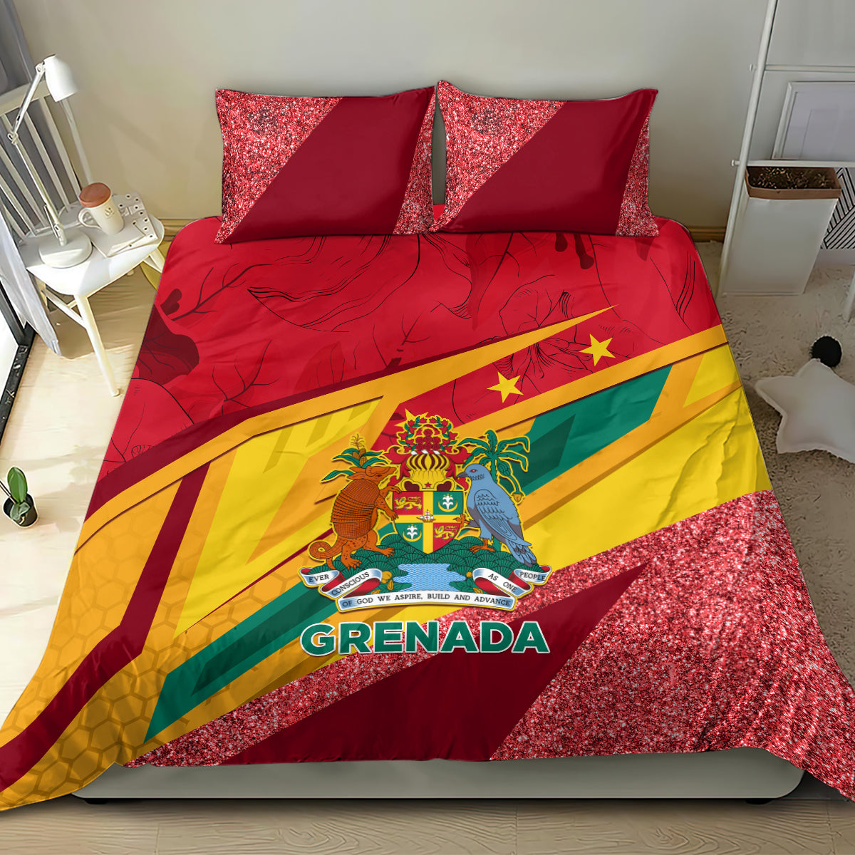 Red Grenada flag duvet set with two pillowcases, glittery sparkle panel at edges