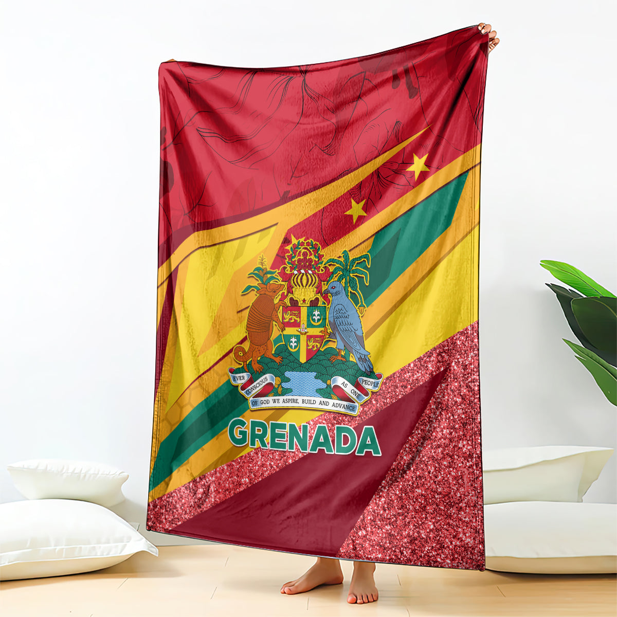 Grenada flag style sparkle blanket, red green yellow stripes with gold glitter edge