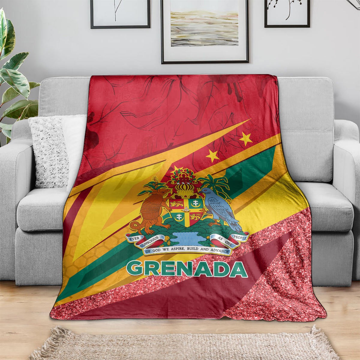 Grenada flag sparkle throw blanket draped on sofa, red base with glittery bottom edge