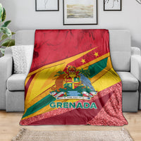 Grenada flag sparkle throw blanket draped on sofa, red base with glittery bottom edge