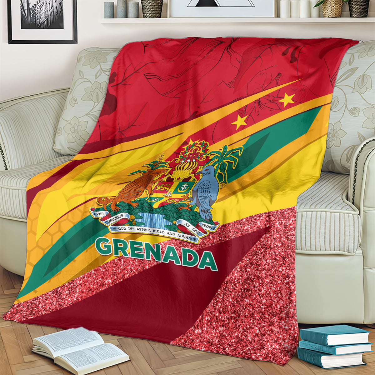 Grenada flag sparkle blanket on armchair, red center with coat-of-arms and glitter border