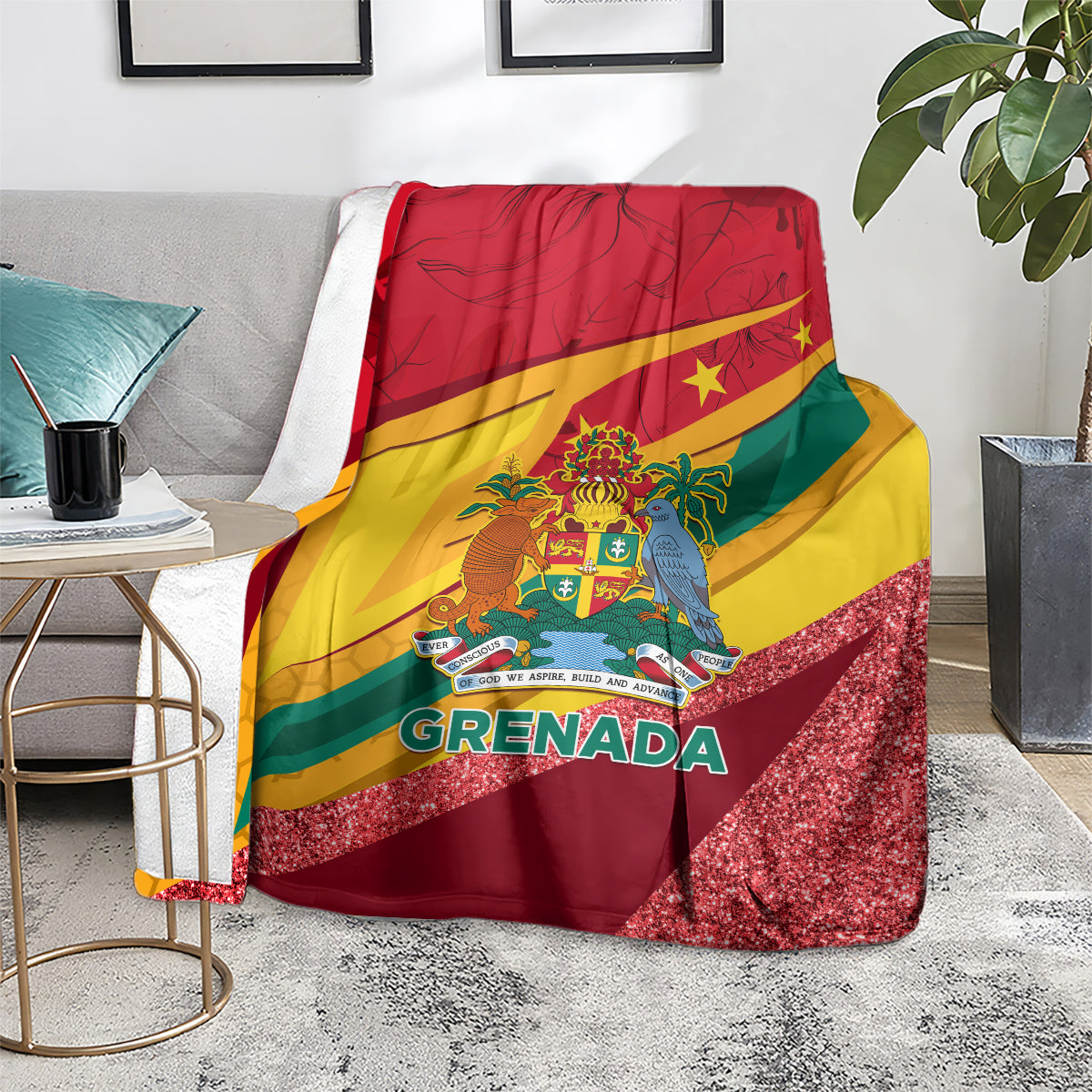 Grenada flag sparkle blanket on floor, red base with coat-of-arms and glittery stripe