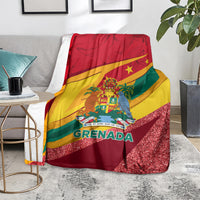 Grenada flag sparkle blanket on floor, red base with coat-of-arms and glittery stripe