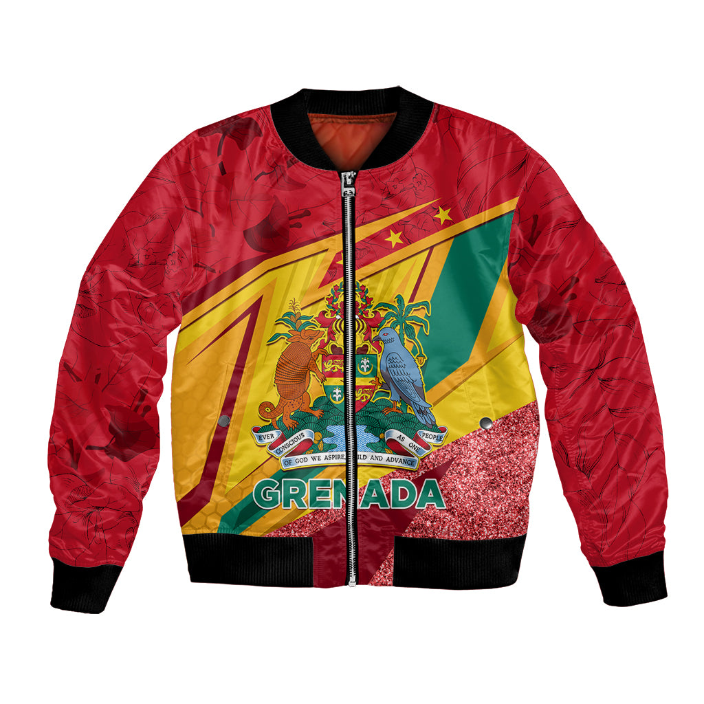 Red unisex bomber jacket with front zipper, Grenada graphic and glitter hem