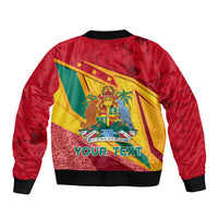 Red unisex bomber jacket with back "YOUR TEXT" print, glitter panel, ribbed cuffs