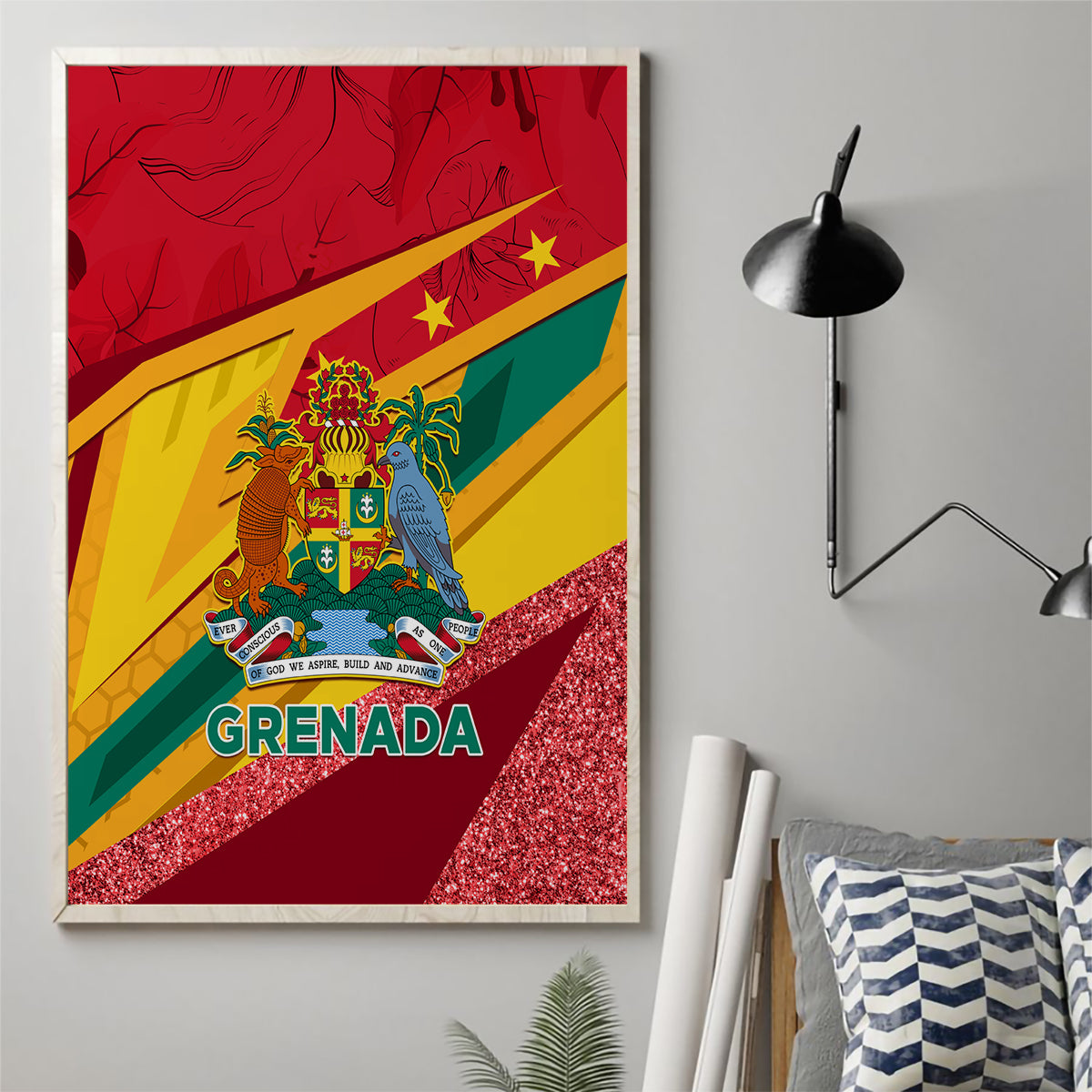 Framed Grenada themed canvas wall art with flag stripes, emblem, and glitter bottom