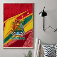 Framed Grenada themed canvas wall art with flag stripes, emblem, and glitter bottom